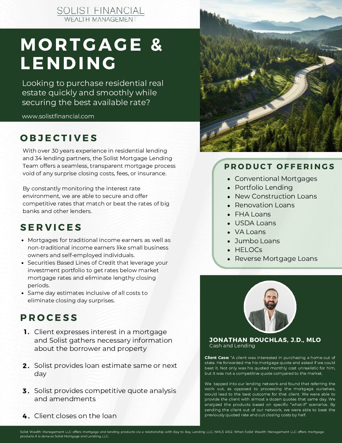 Solist Wealth Management flyer detailing product offerings from Solist Mortgage and Lending